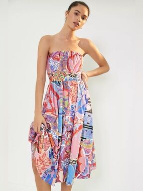Anthropologie Alexandra Farmer Painterly Poplin Strapless Midi Dress
